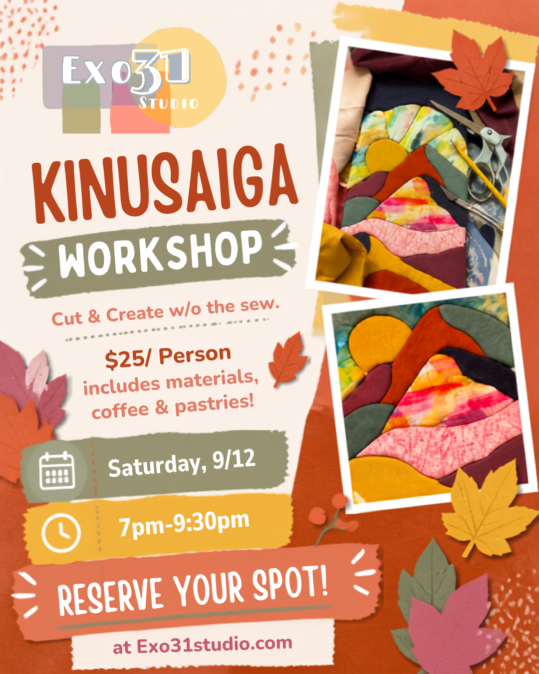 Kinusaiga Workshop flyer — Saturday 9/12, 7pm to 9:30pm, $25 per person
